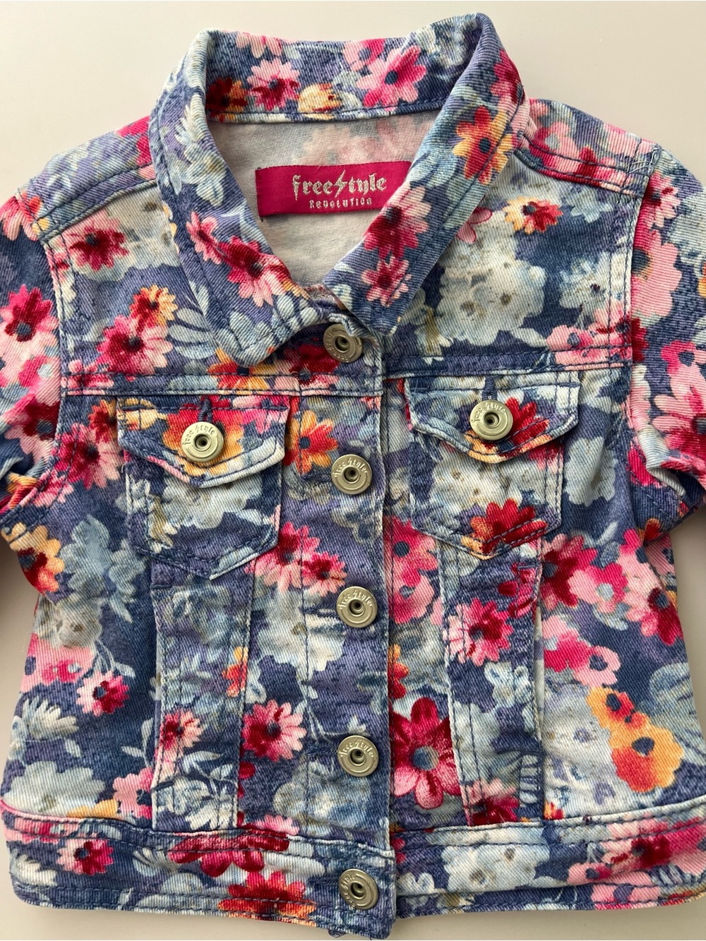 Freestyle Revolution Girl Floral Denim Jacket in Pink, Blue & Yellow Size Small